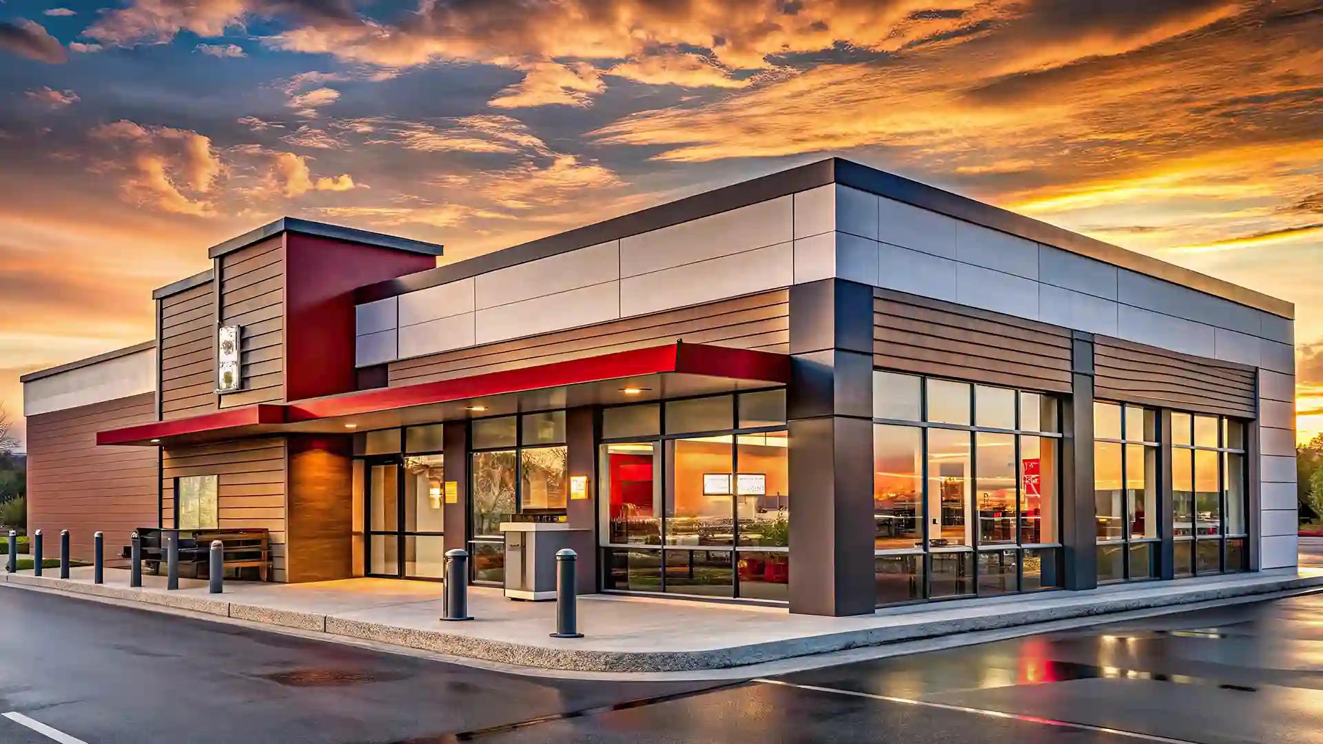 Freestanding retail building with a red canopy and glass storefront at sunset